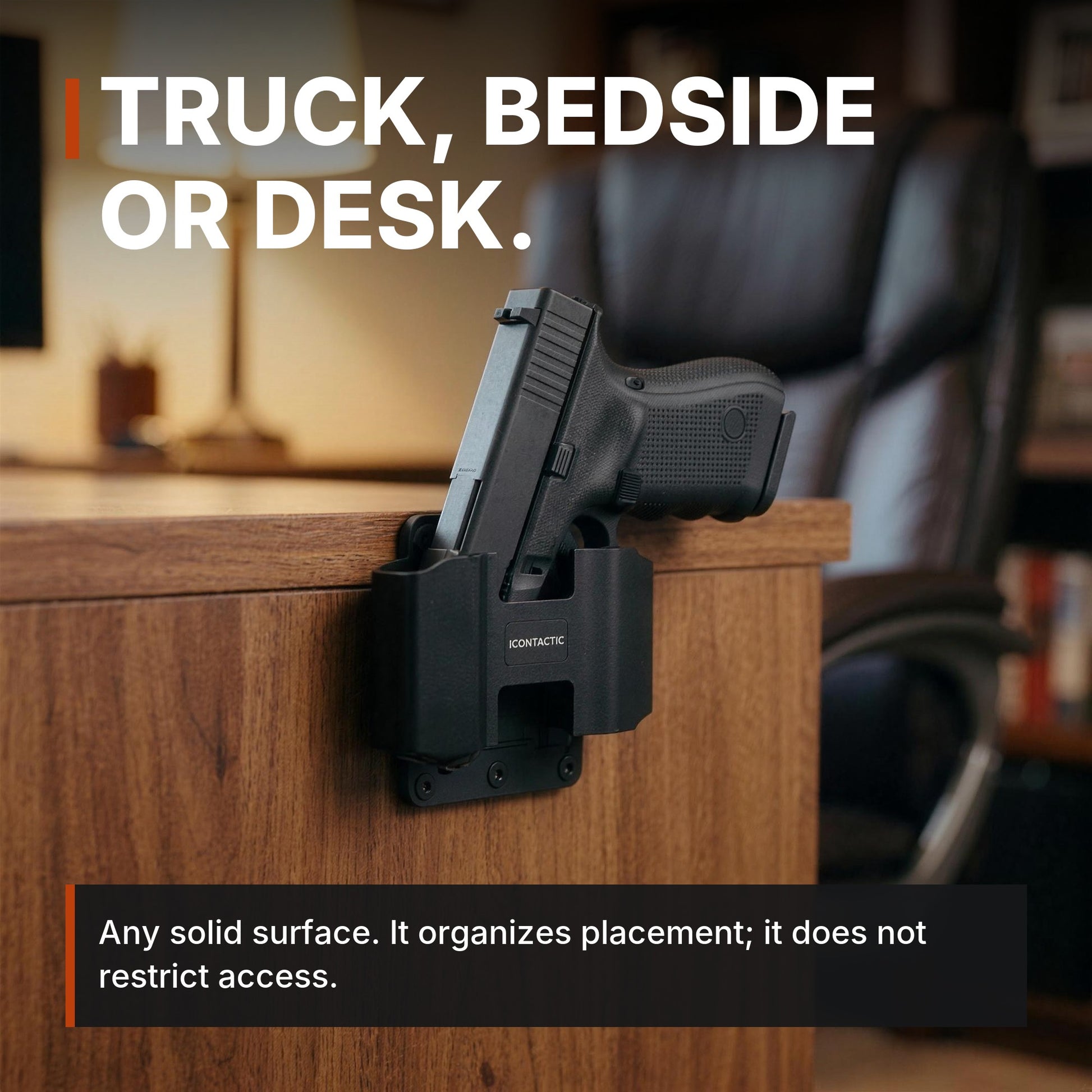 ICONTACTIC Magnetic Handgun Mount on a wood desk edge: truck, bedside or desk. Any solid surface. Concept render, illustrative