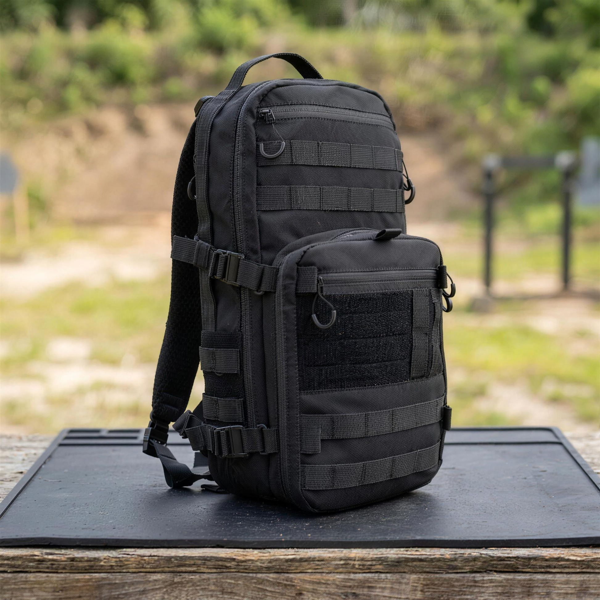 ICONTACTIC 14L Modular Backpack, concept render pending supplier verification, front three-quarter view on an outdoor range bench