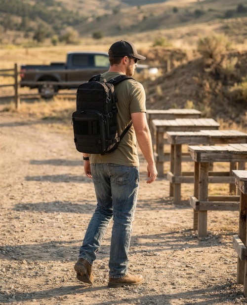ICONTACTIC 14L Modular Backpack, concept render pending supplier verification, worn at an outdoor shooting range, illustrative