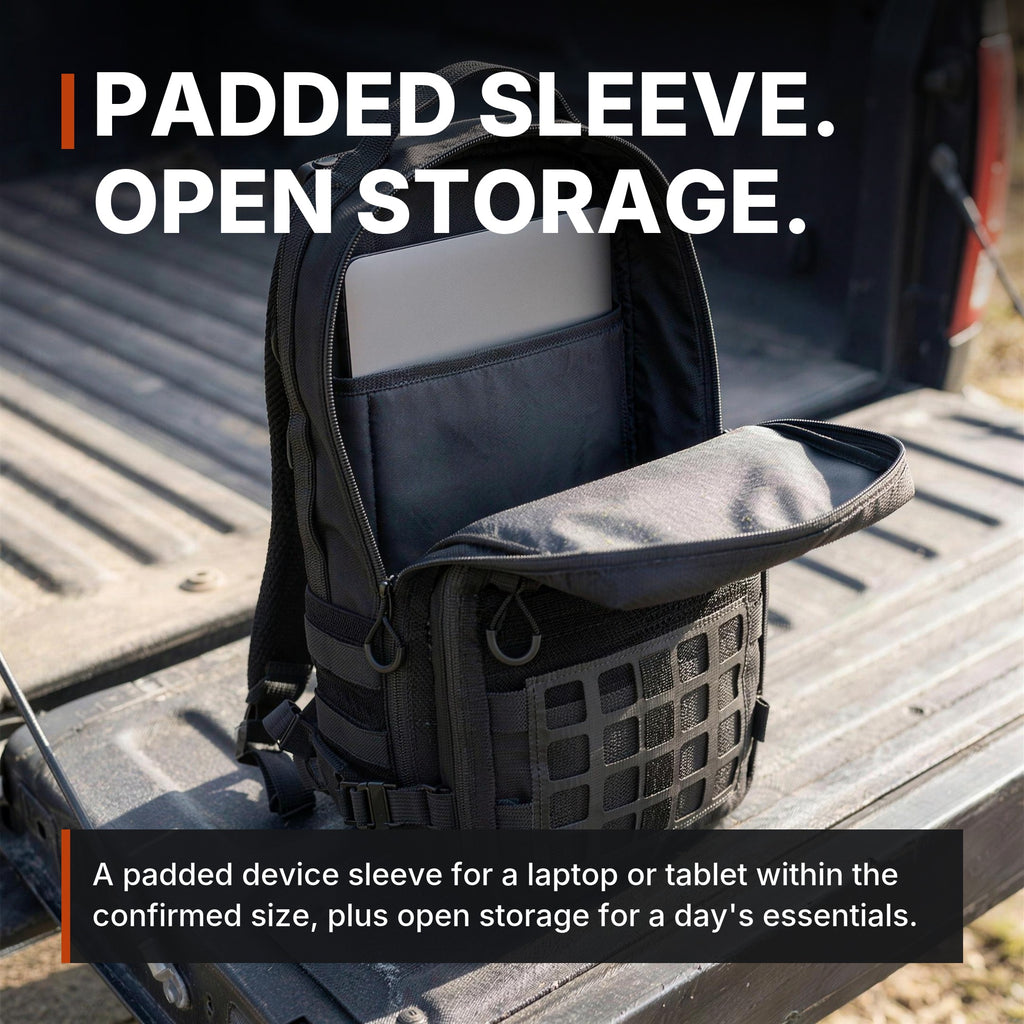 14L Modular Backpack infographic: Padded sleeve, open storage