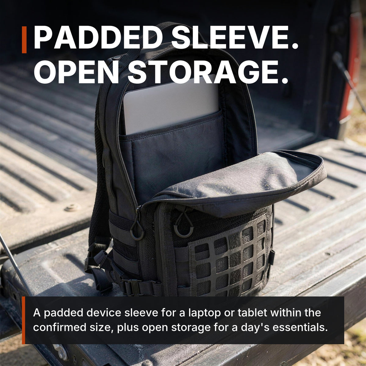 Padded sleeve, open storage. ICONTACTIC 14L Modular Backpack infographic. Concept render, illustrative