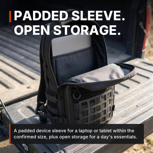 Padded sleeve, open storage. ICONTACTIC 14L Modular Backpack infographic. Concept render, illustrative