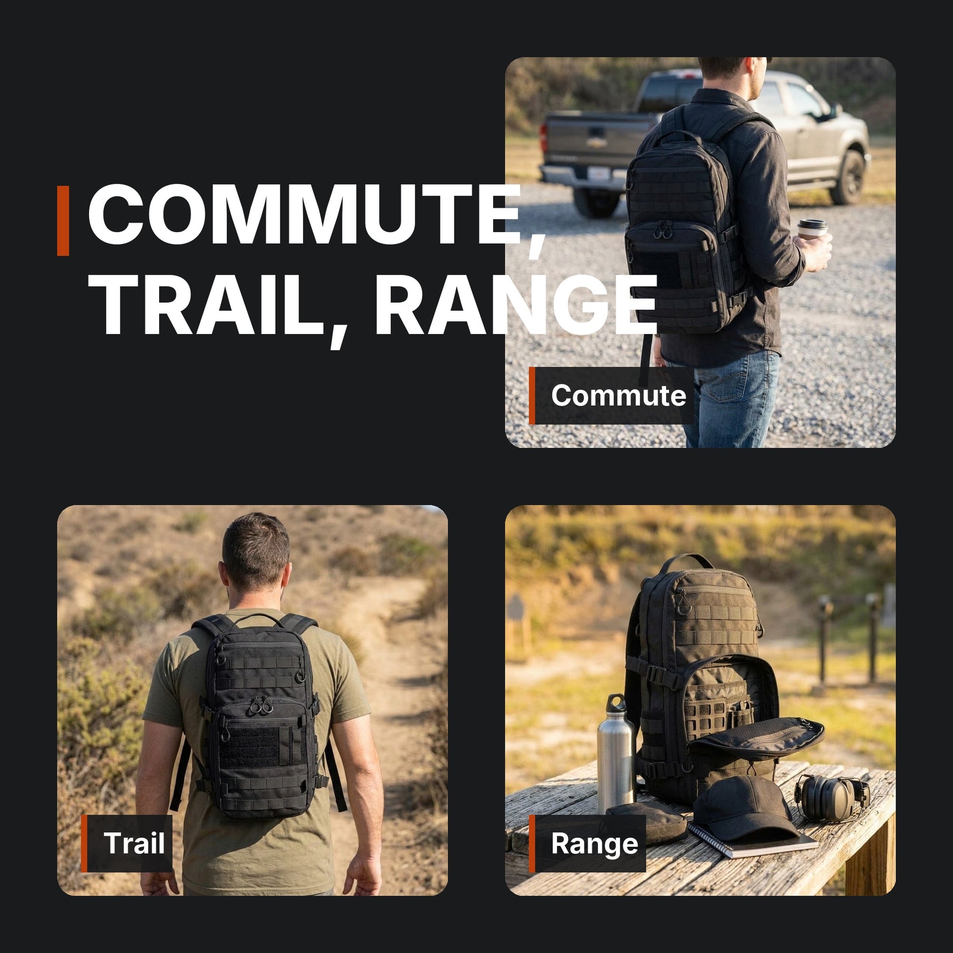 Commute, trail, range. ICONTACTIC 14L Modular Backpack infographic. Concept renders, illustrative