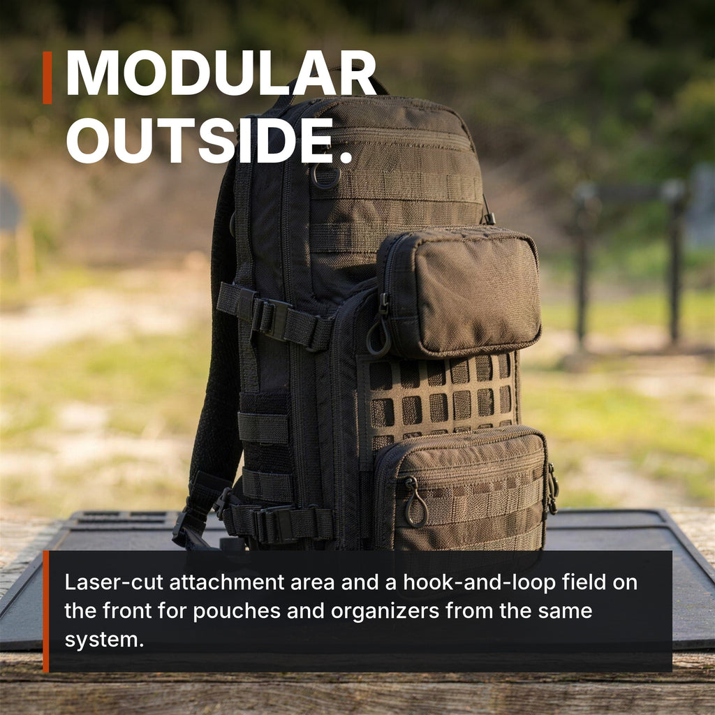 14L Modular Backpack infographic: Modular outside