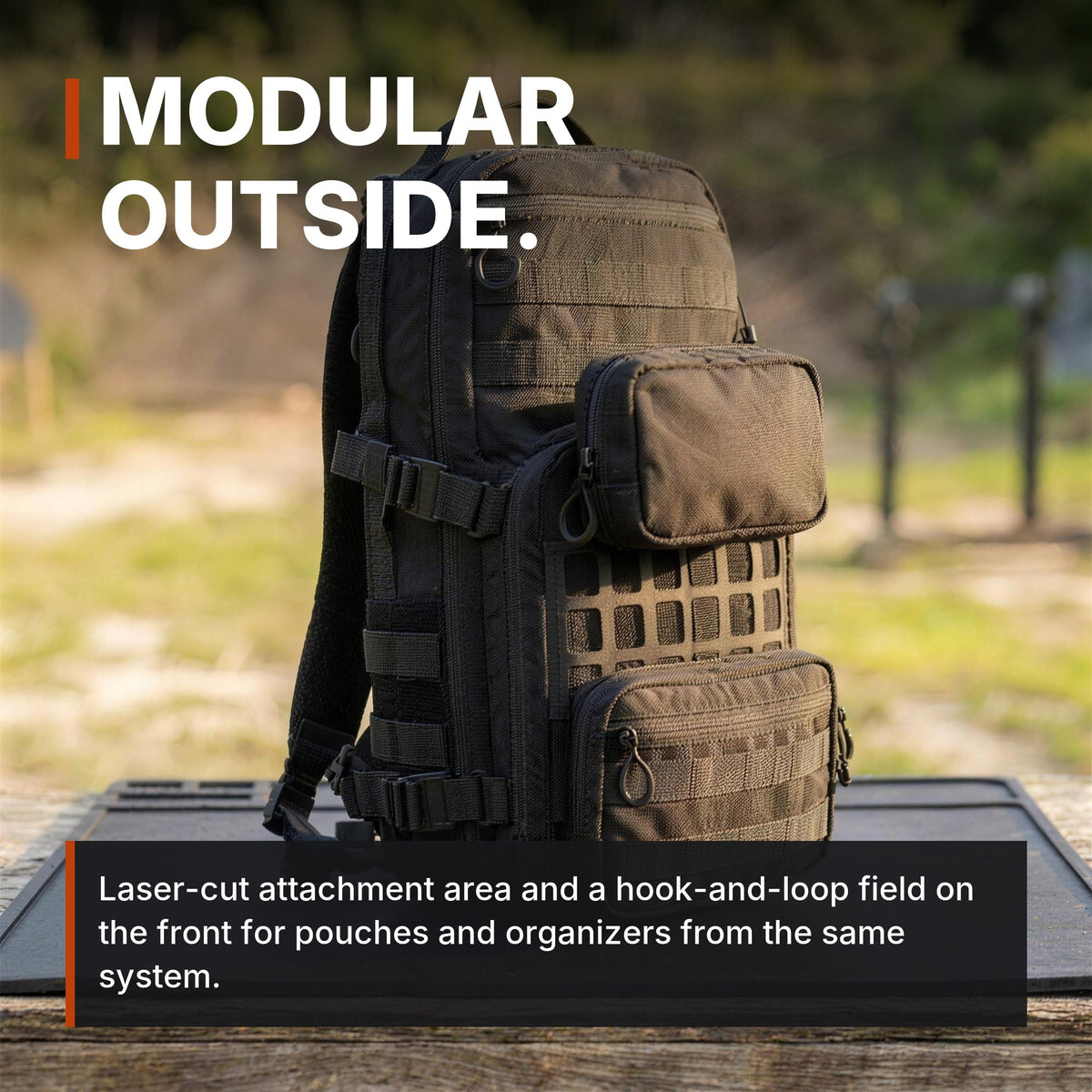 Modular outside. ICONTACTIC 14L Modular Backpack infographic. Concept render, illustrative