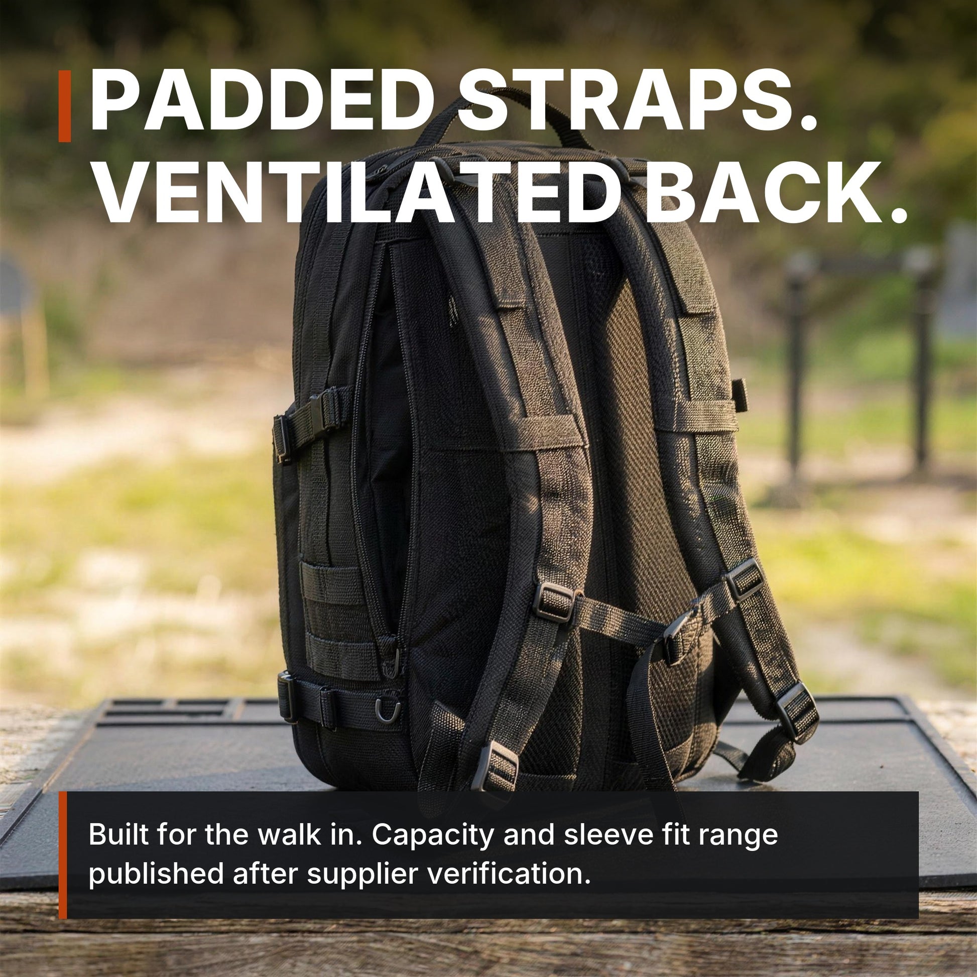 Padded straps, ventilated back. ICONTACTIC 14L Modular Backpack infographic. Concept render, illustrative