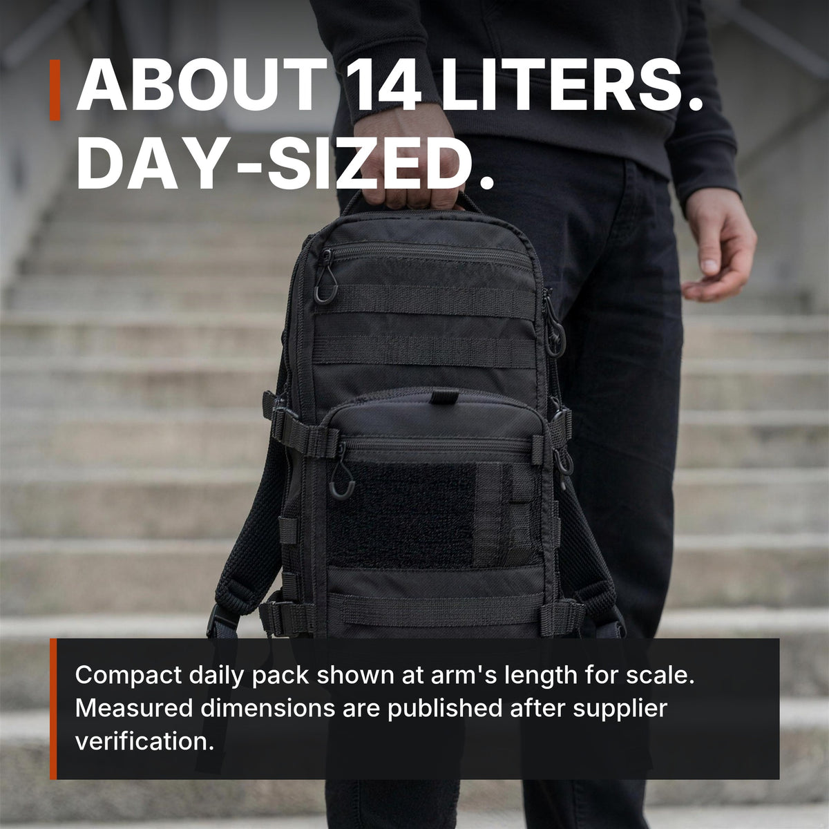 14L Modular Backpack infographic: About 14 liters, day-sized, shown at arm's length for scale