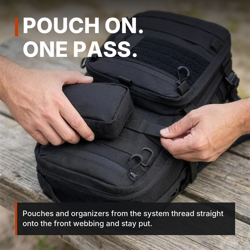 14L Modular Backpack infographic: Pouch on, one pass
