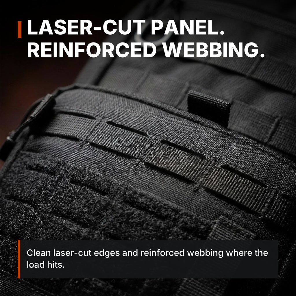 14L Modular Backpack infographic: Laser-cut panel, reinforced webbing