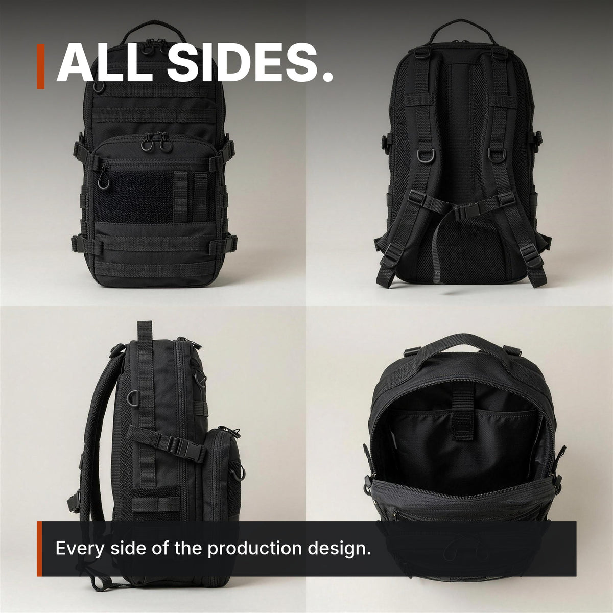 14L Modular Backpack infographic: All sides, four views