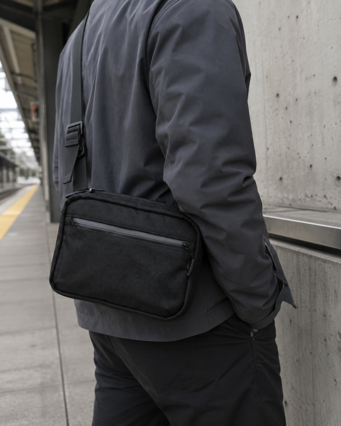 ICONTACTIC Full-Size Concealment Carry Bag, concept render pending supplier verification, worn closed at the hip in an urban setting, illustrative