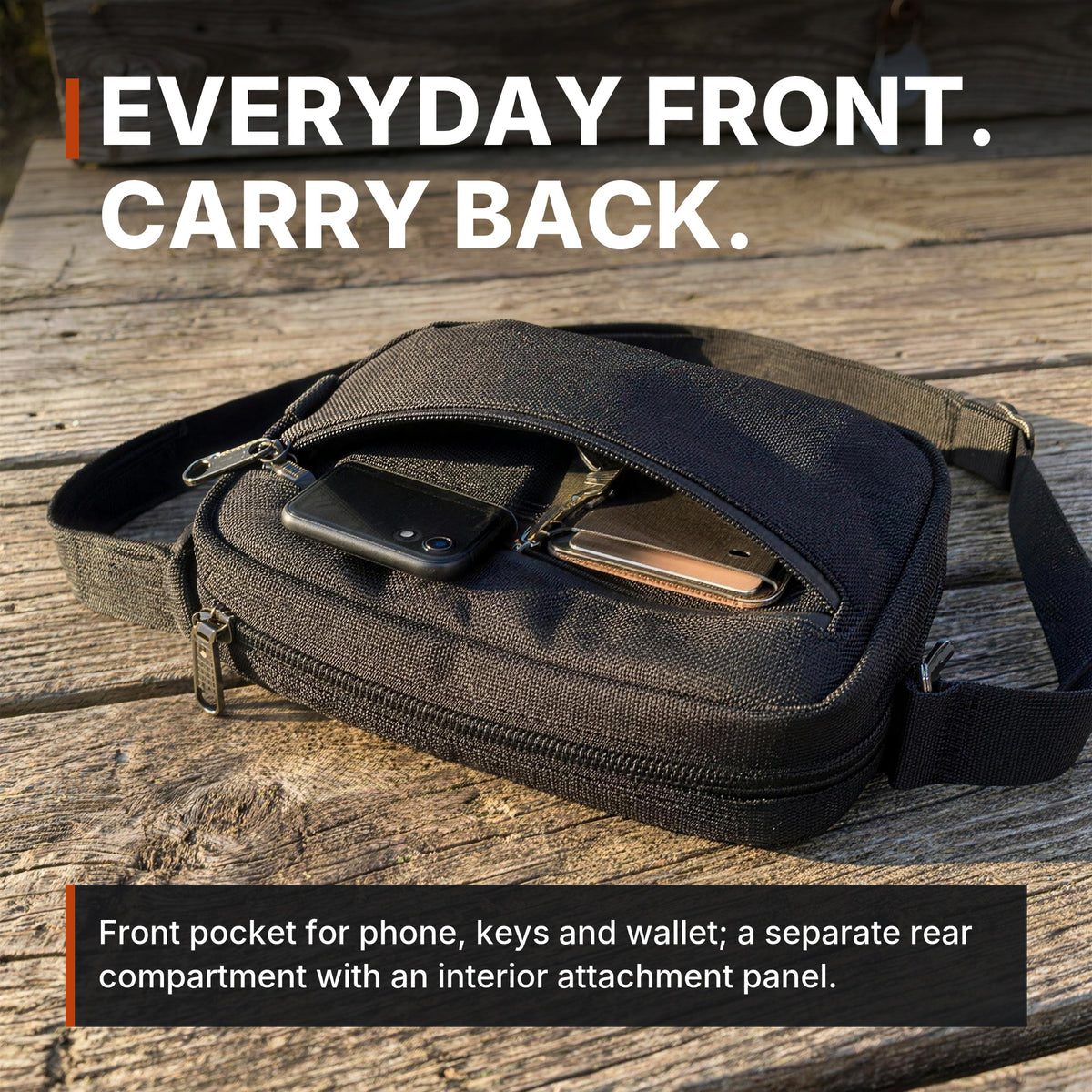 ICONTACTIC Full-Size Concealment Carry Bag front pocket open, headline: everyday front, carry back. Concept render, illustrative