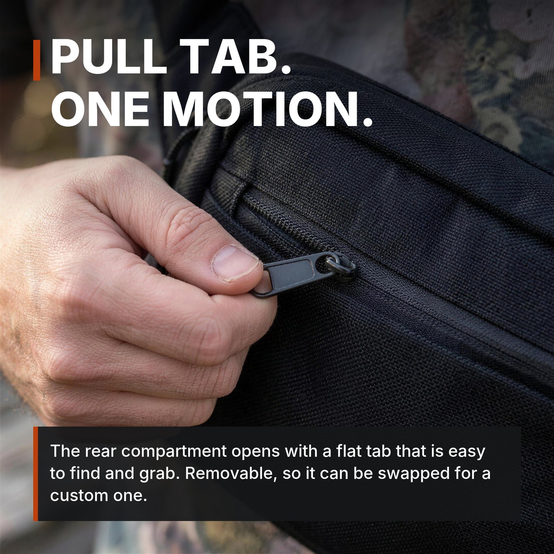 ICONTACTIC Full-Size Concealment Carry Bag, headline: pull tab, one motion. Concept render, illustrative