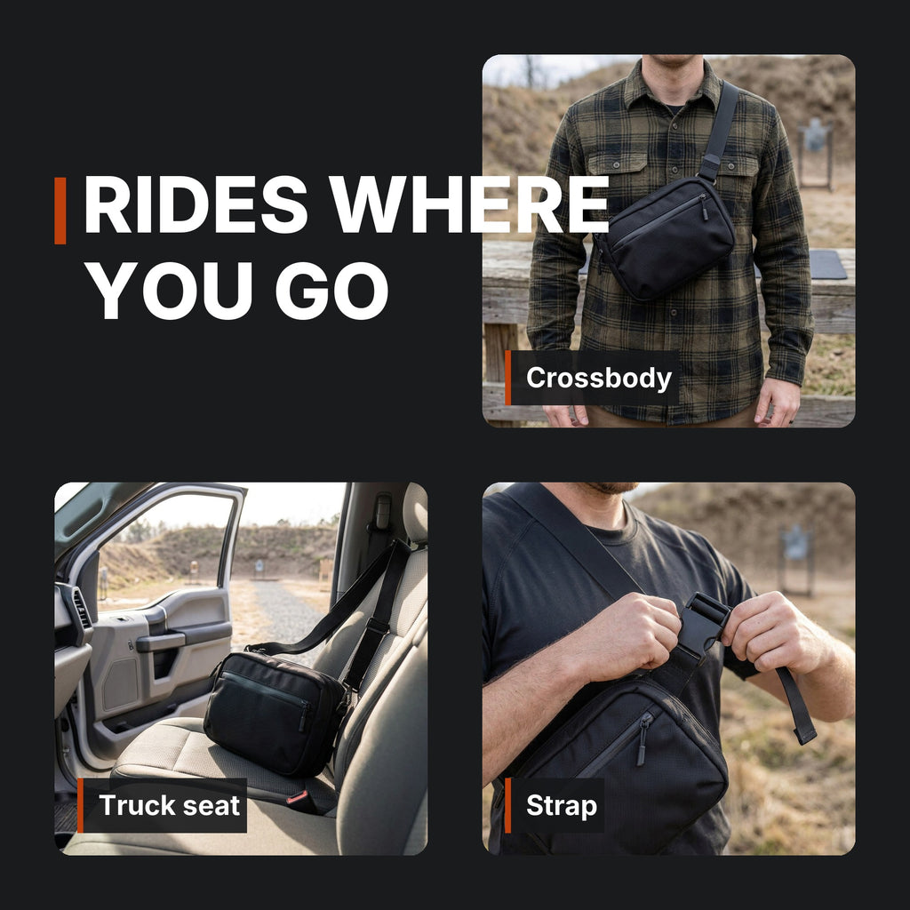 Full-Size Concealment Carry Bag collage: crossbody, truck seat and strap