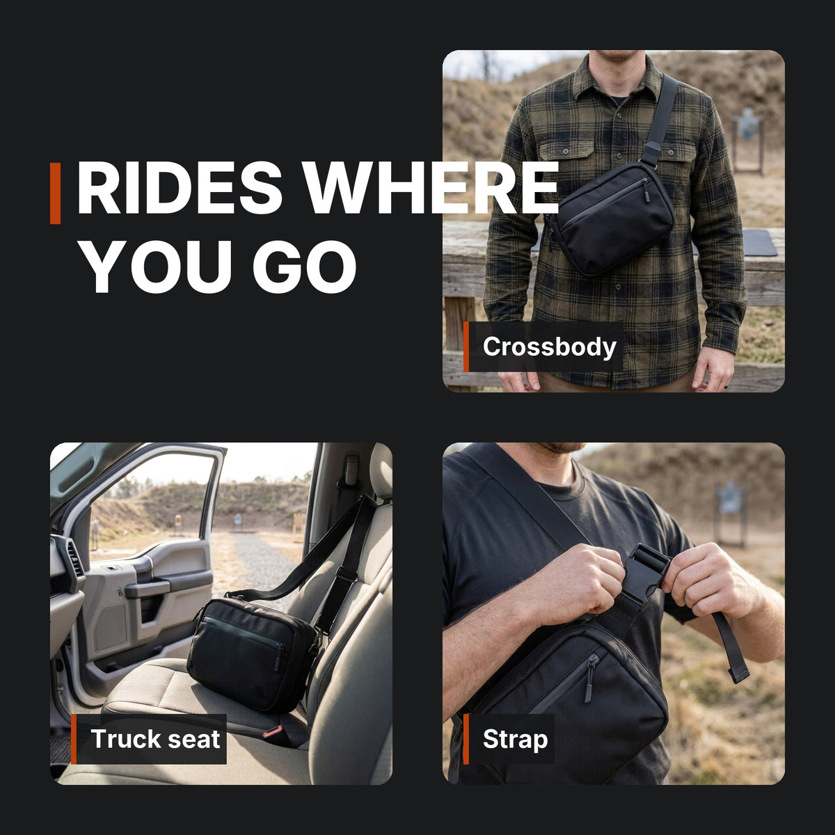 ICONTACTIC Full-Size Concealment Carry Bag collage: crossbody, truck seat and strap. Concept renders, illustrative