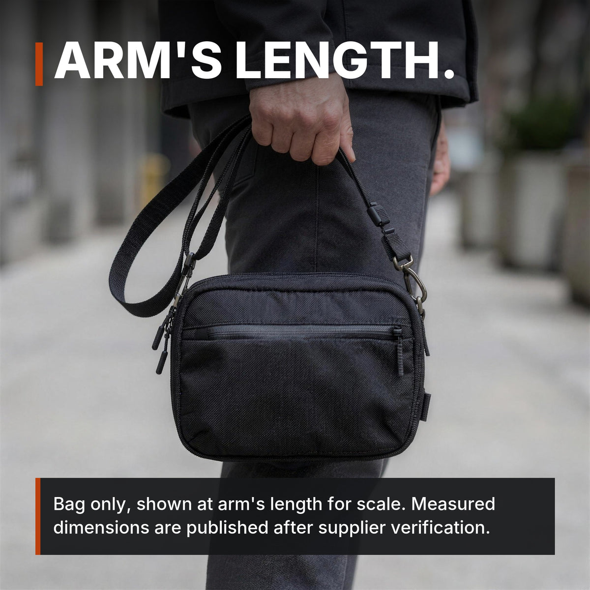 Full-Size Concealment Carry Bag infographic: Arm's length, bag only shown for scale