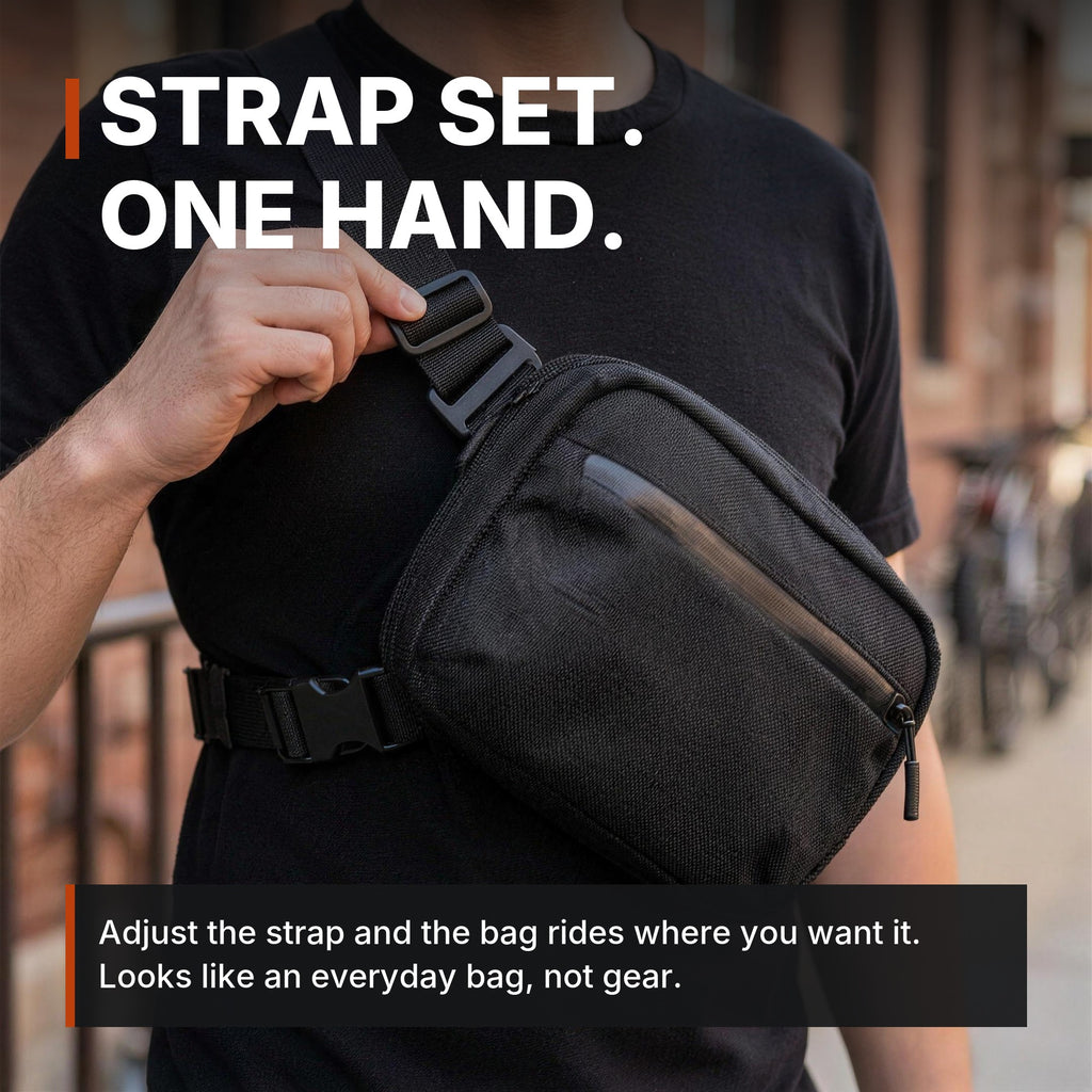 Full-Size Concealment Carry Bag infographic: Strap set, one hand