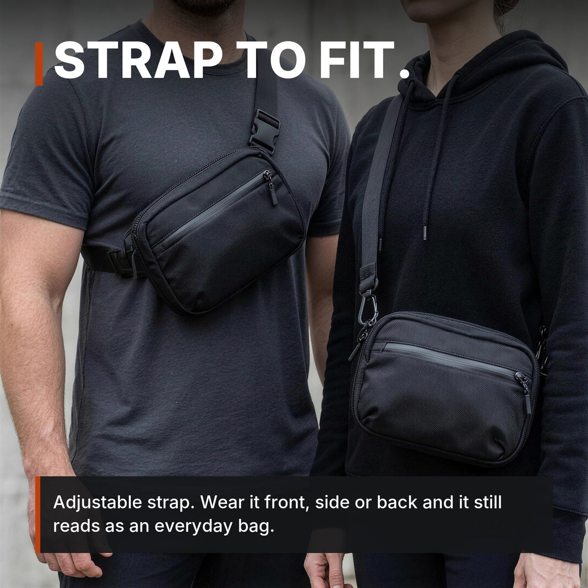 Full-Size Concealment Carry Bag infographic: Strap to fit