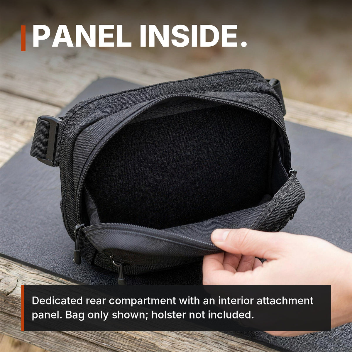 Full-Size Concealment Carry Bag infographic: Panel inside, bag only, holster not included