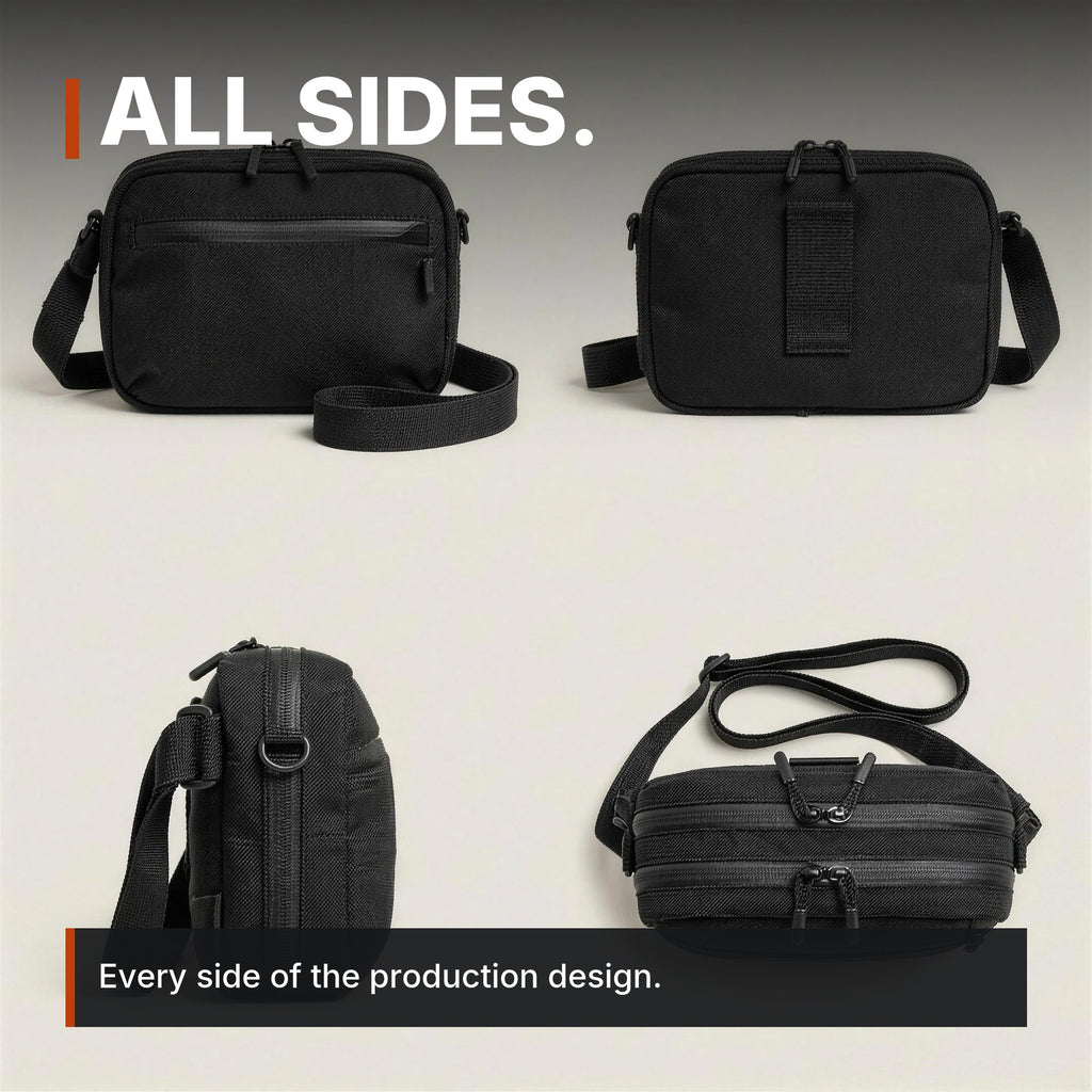 Full-Size Concealment Carry Bag infographic: All sides, four views, bag only