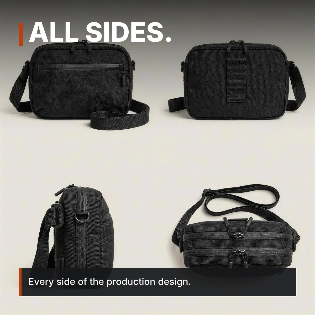 Full-Size Concealment Carry Bag infographic: All sides, four views, bag only
