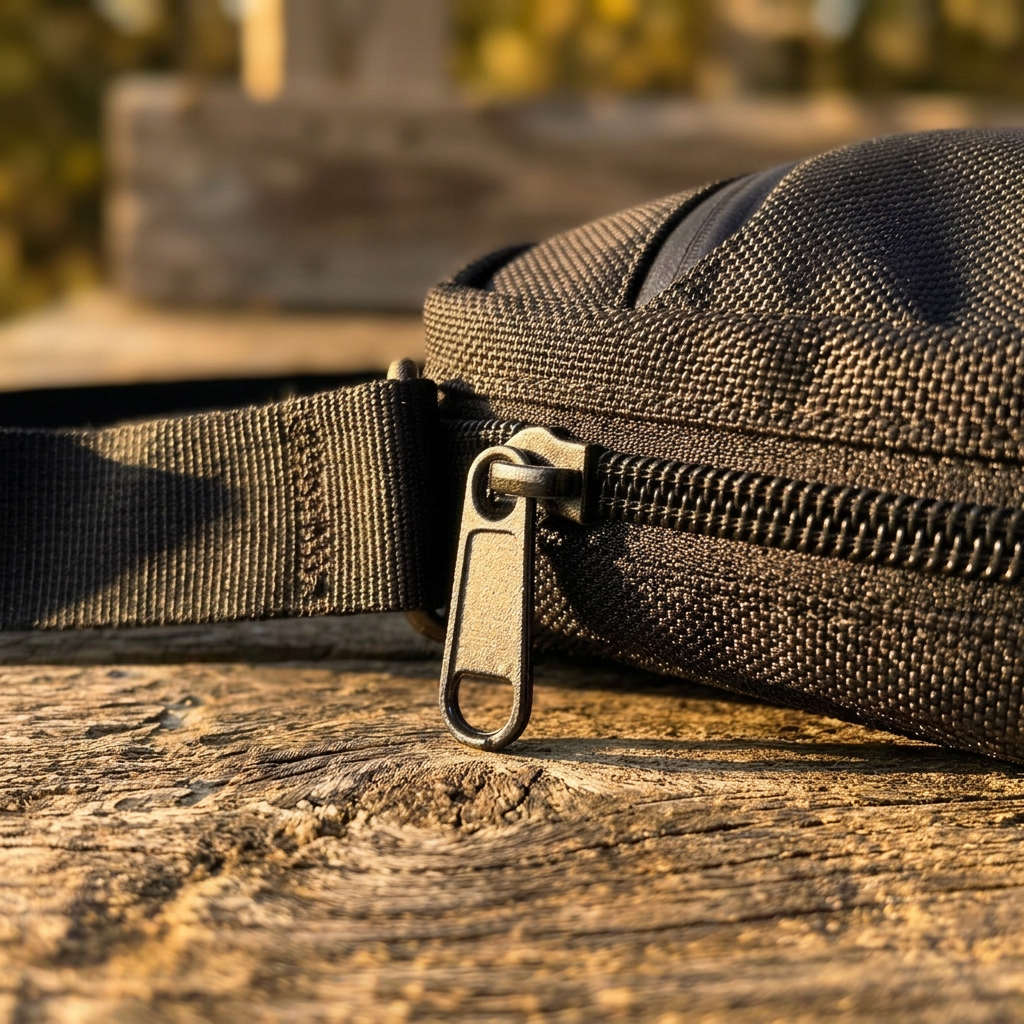 Textured nylon, real zippers.
