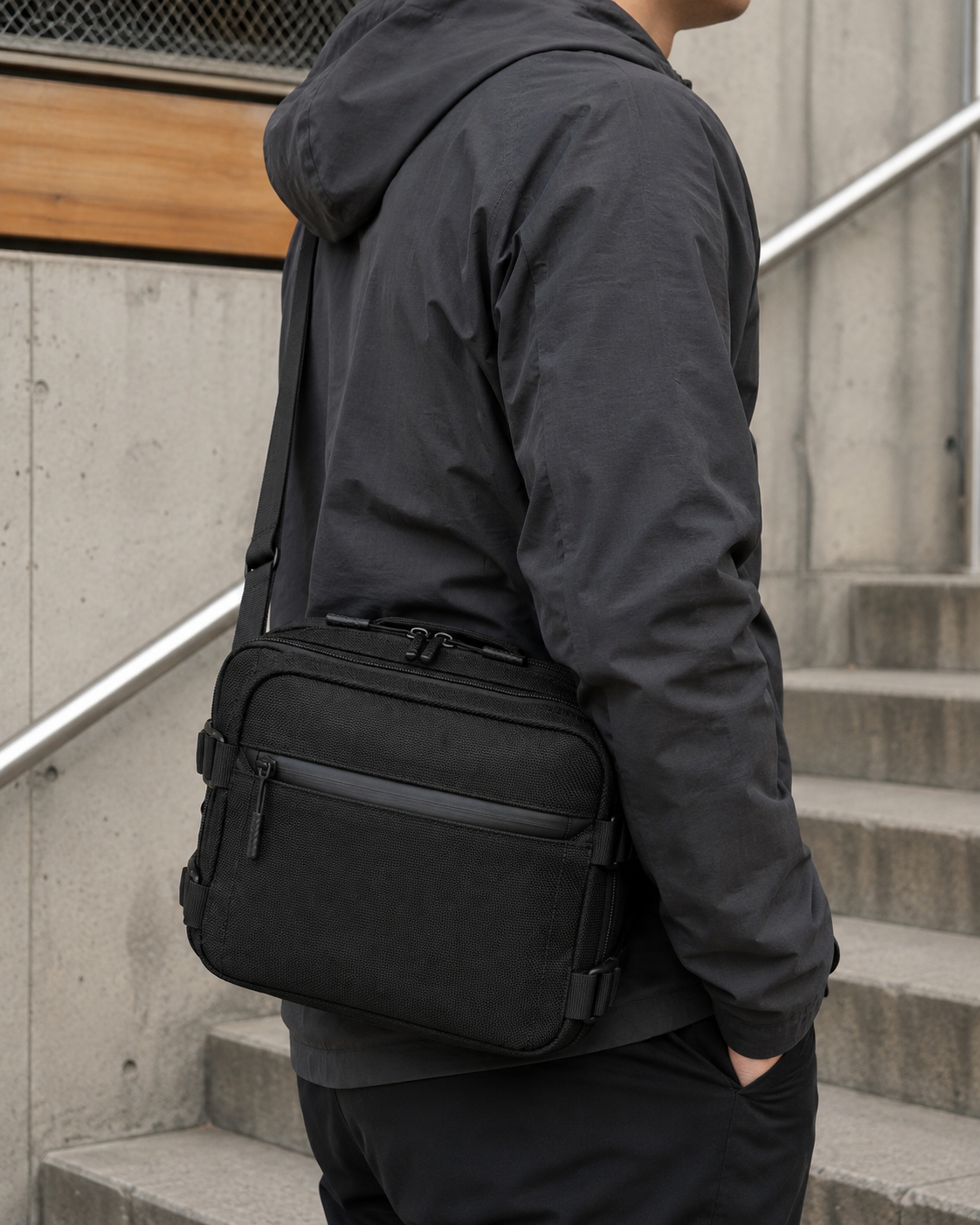 ICONTACTIC Expandable Concealment Carry Bag, concept render pending supplier verification, worn closed on concrete stairs in an urban setting, illustrative