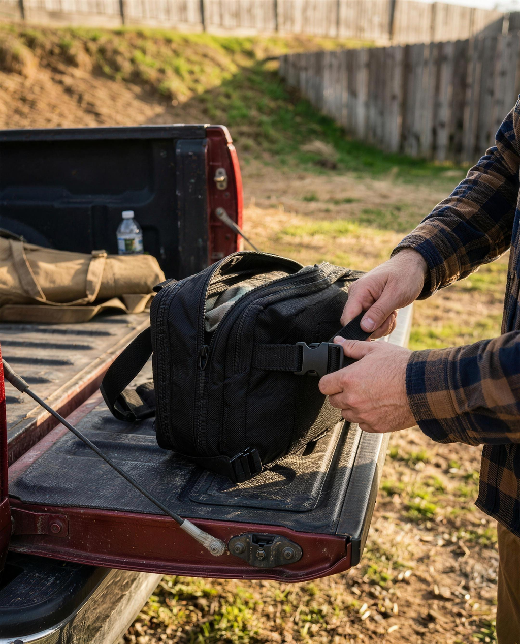 ICONTACTIC Expandable Concealment Carry Bag, concept render pending supplier verification, expanded on a truck tailgate at an outdoor range, illustrative