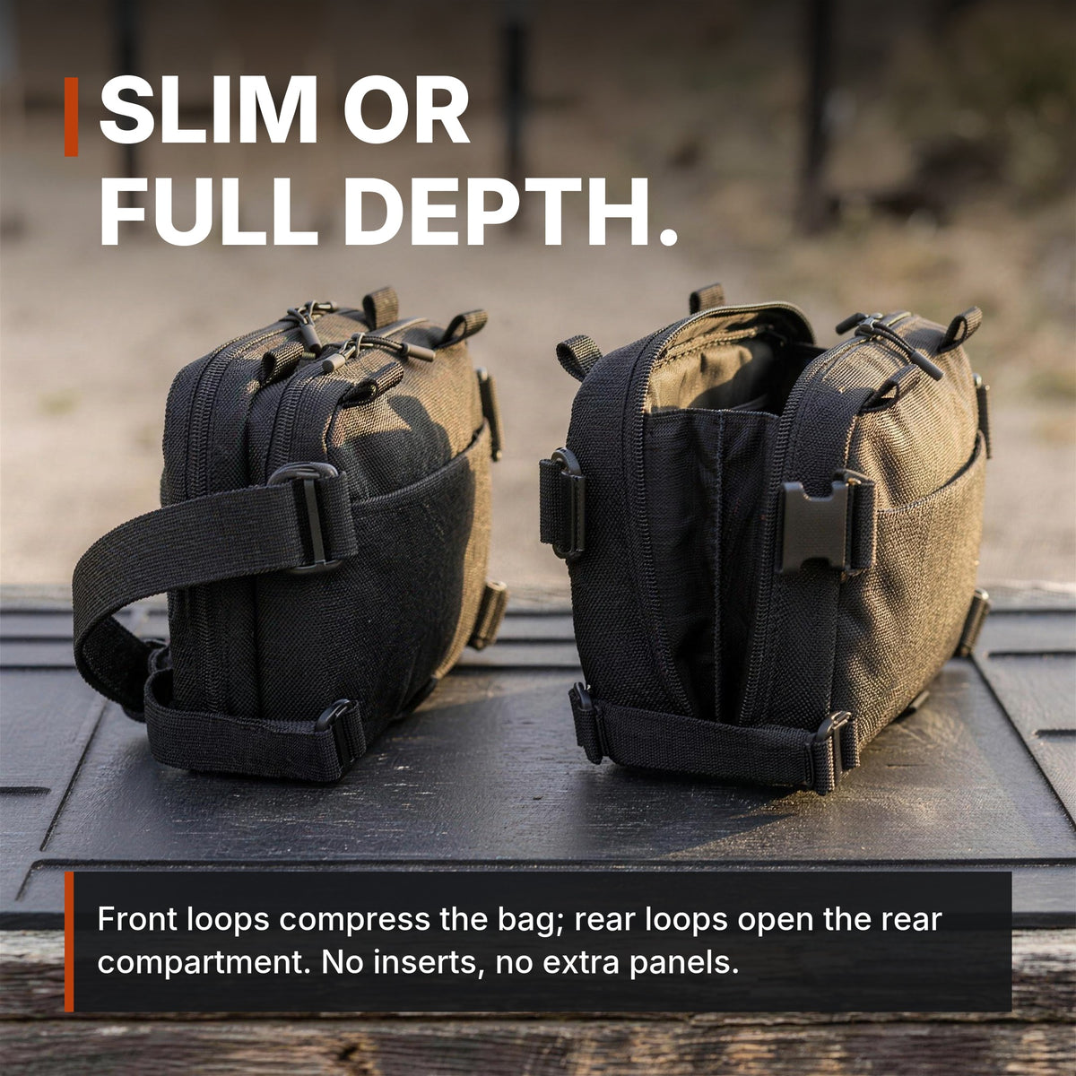 ICONTACTIC Expandable Concealment Carry Bag compressed and expanded, headline: slim or full depth. Concept render, illustrative