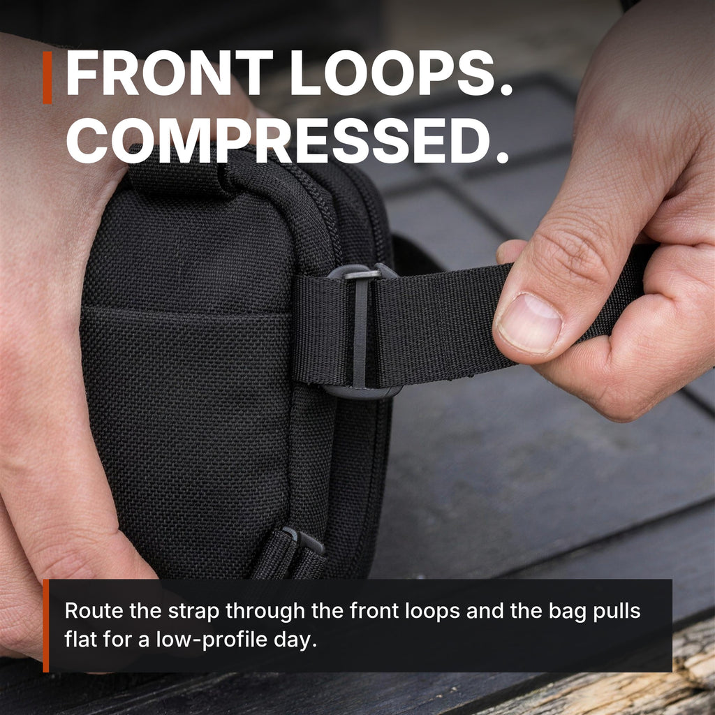 Expandable Concealment Carry Bag: front loops, compressed