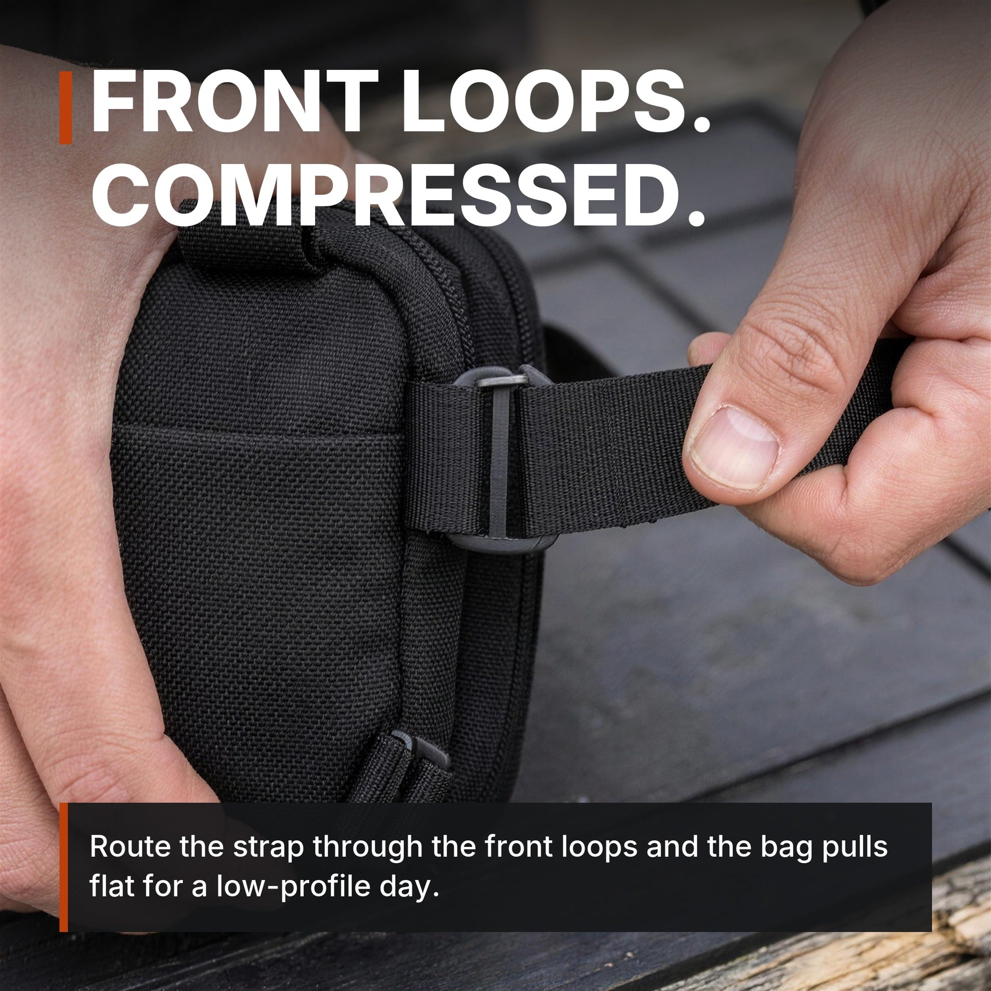 ICONTACTIC Expandable Concealment Carry Bag, headline: front loops, compressed. Concept render, illustrative
