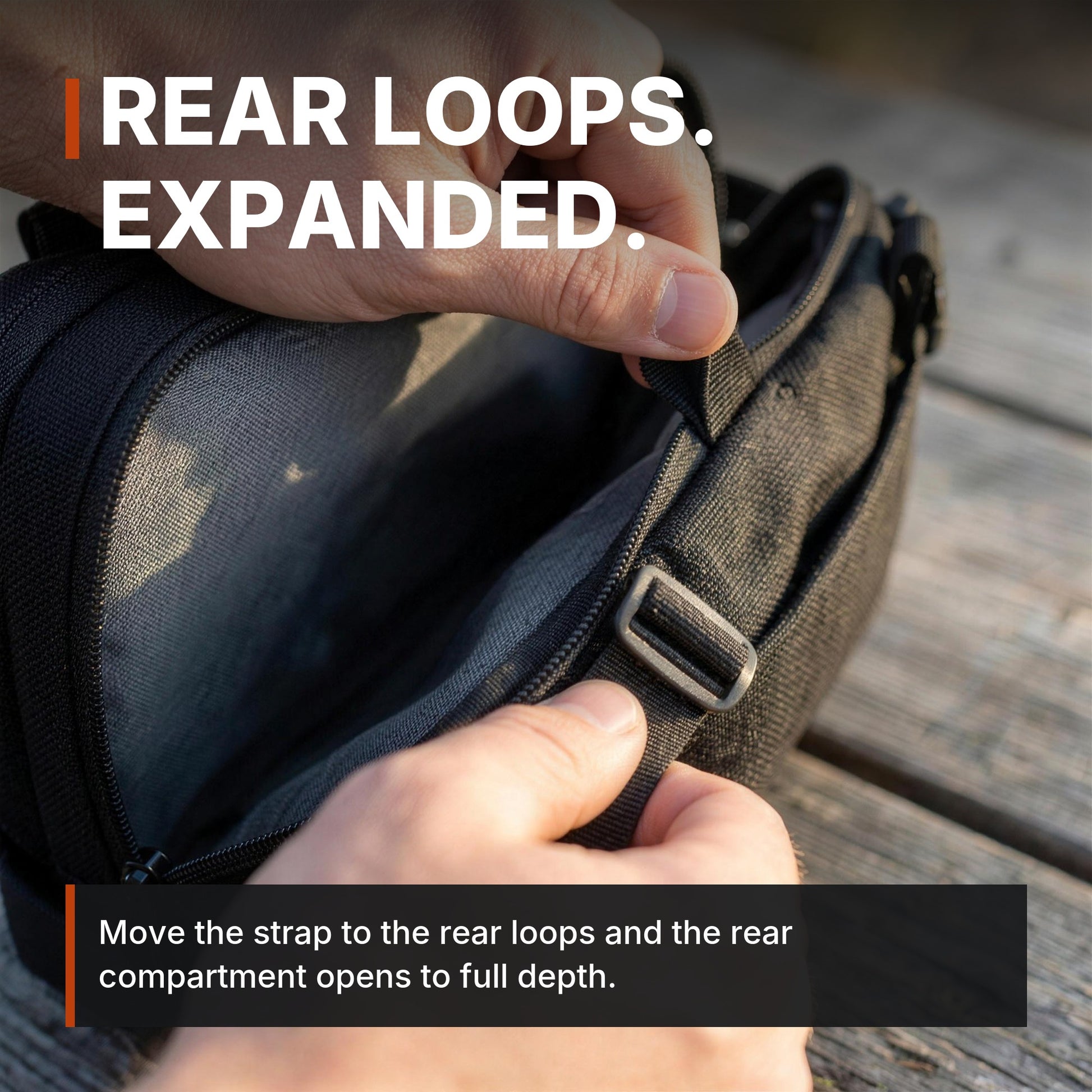 ICONTACTIC Expandable Concealment Carry Bag, headline: rear loops, expanded. Concept render, illustrative