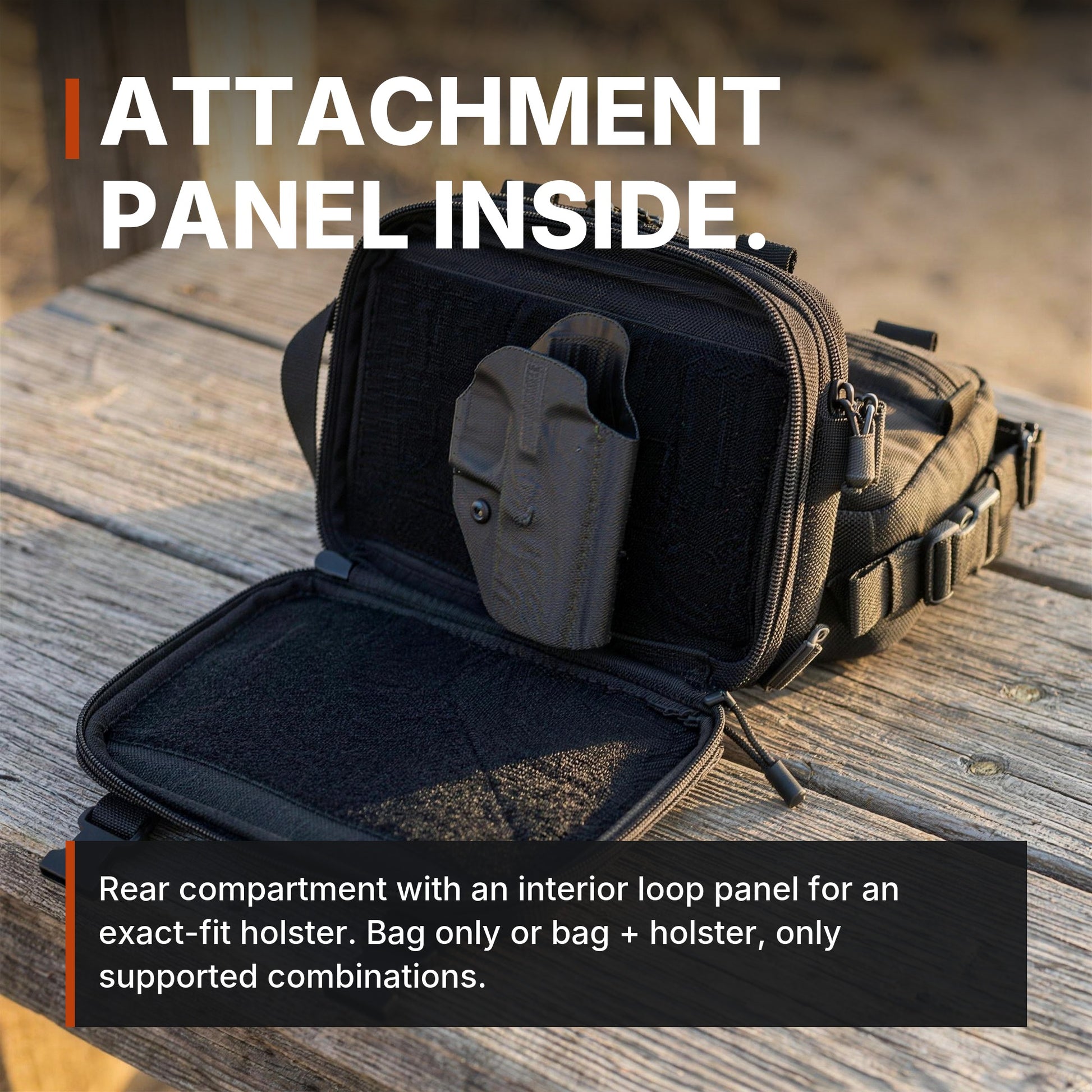 ICONTACTIC Expandable Concealment Carry Bag rear compartment open, headline: attachment panel inside. Concept render, illustrative