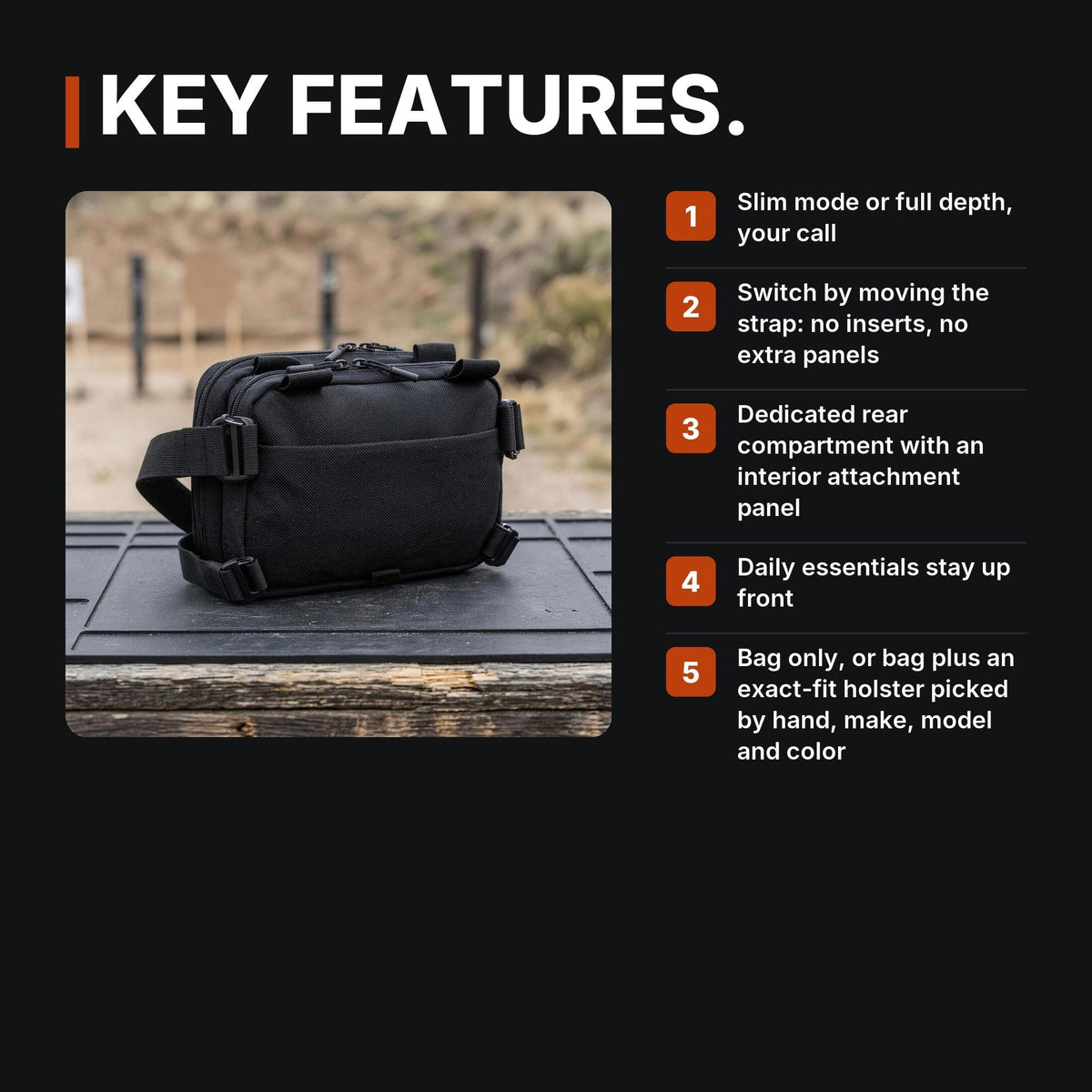 Expandable Concealment Carry Bag infographic: Key features