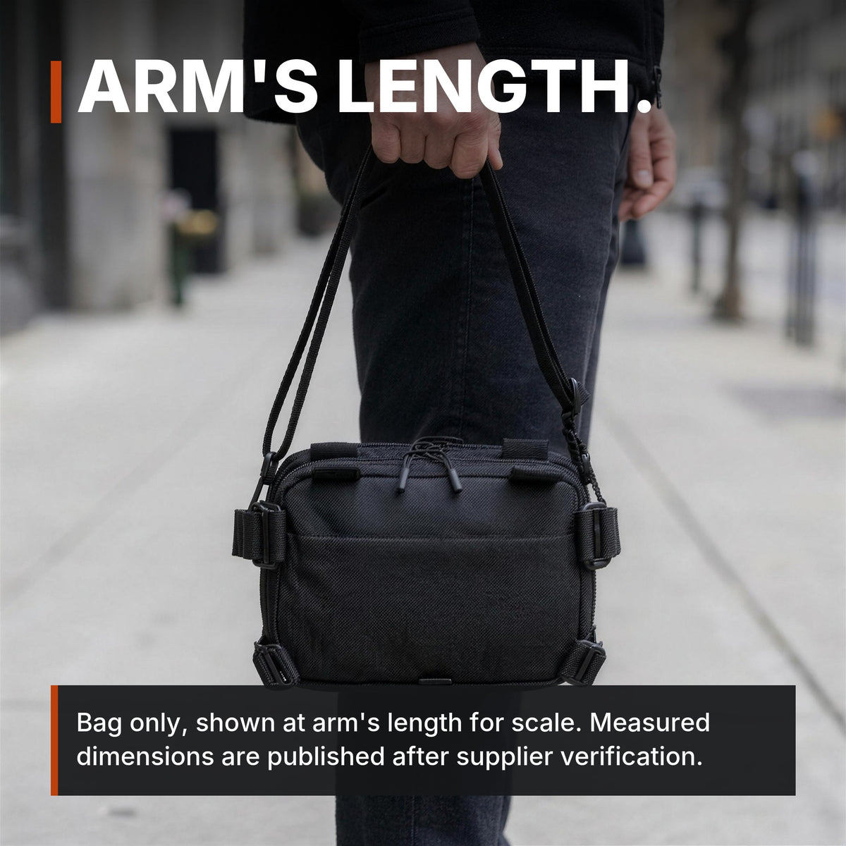 Expandable Concealment Carry Bag infographic: Arm's length, bag only shown for scale