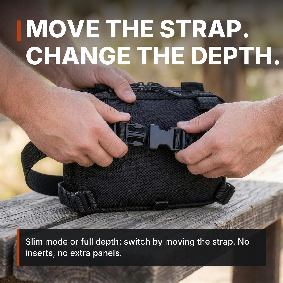 Expandable Concealment Carry Bag infographic: Move the strap, change the depth