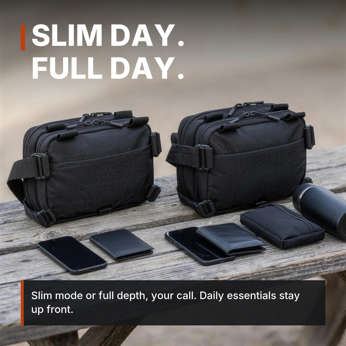 Expandable Concealment Carry Bag infographic: Slim day, full day