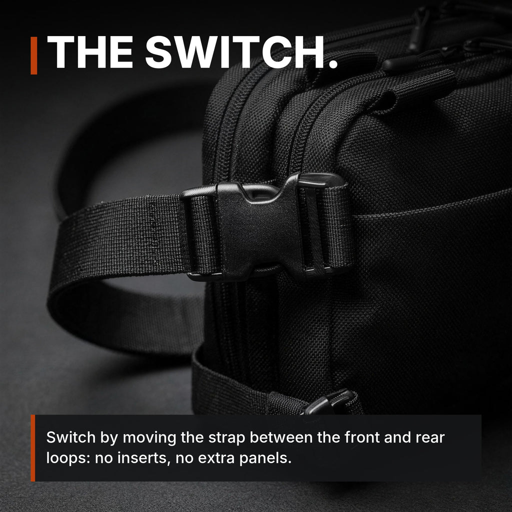 Expandable Concealment Carry Bag infographic: The switch, strap between front and rear loops