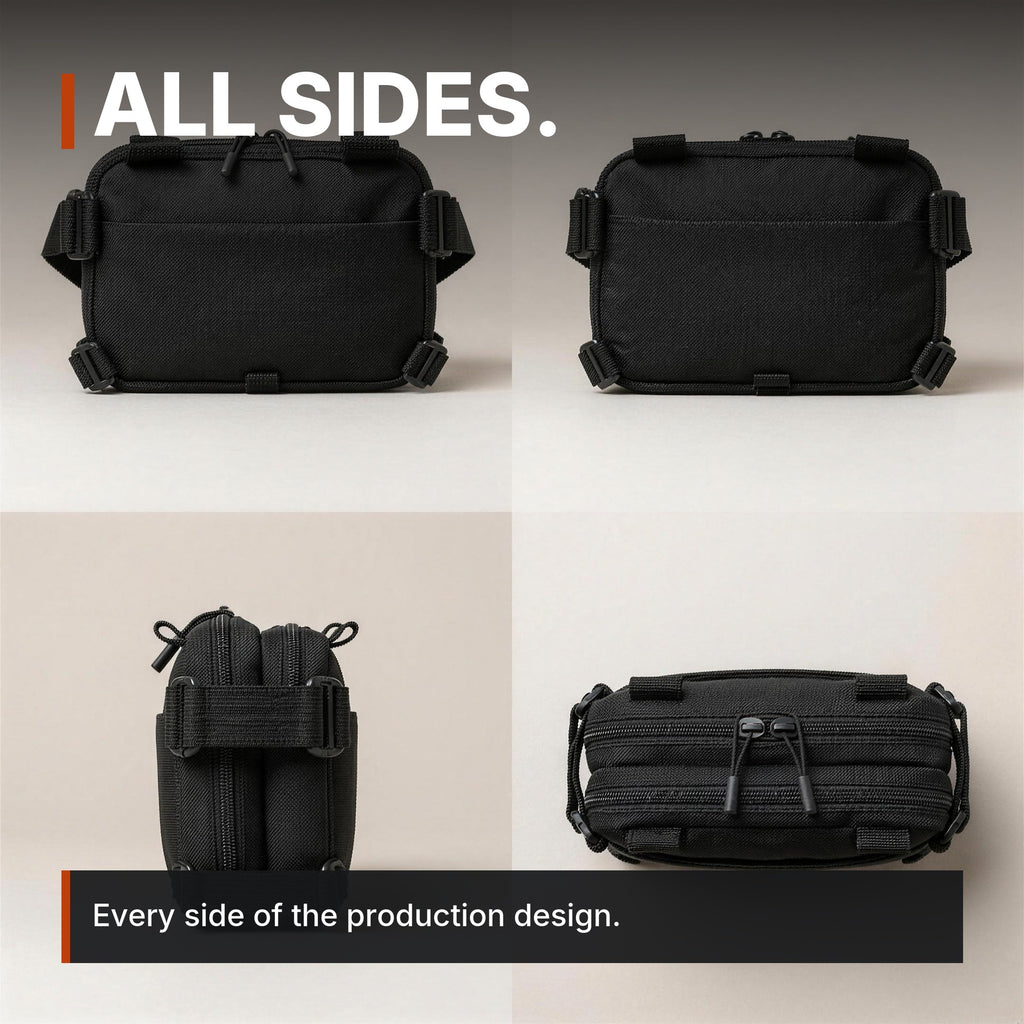 Expandable Concealment Carry Bag infographic: All sides, four views, bag only