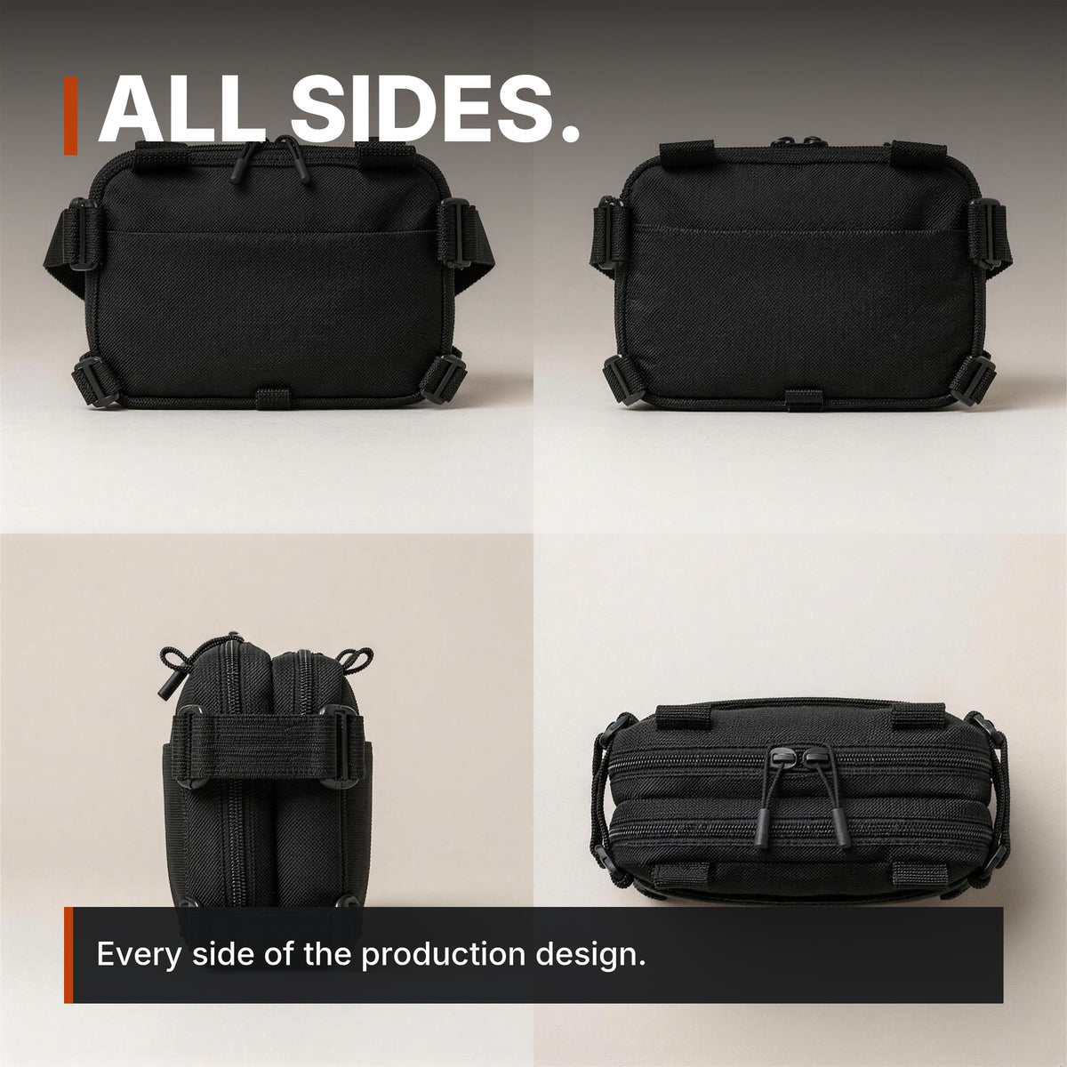 Expandable Concealment Carry Bag infographic: All sides, four views, bag only