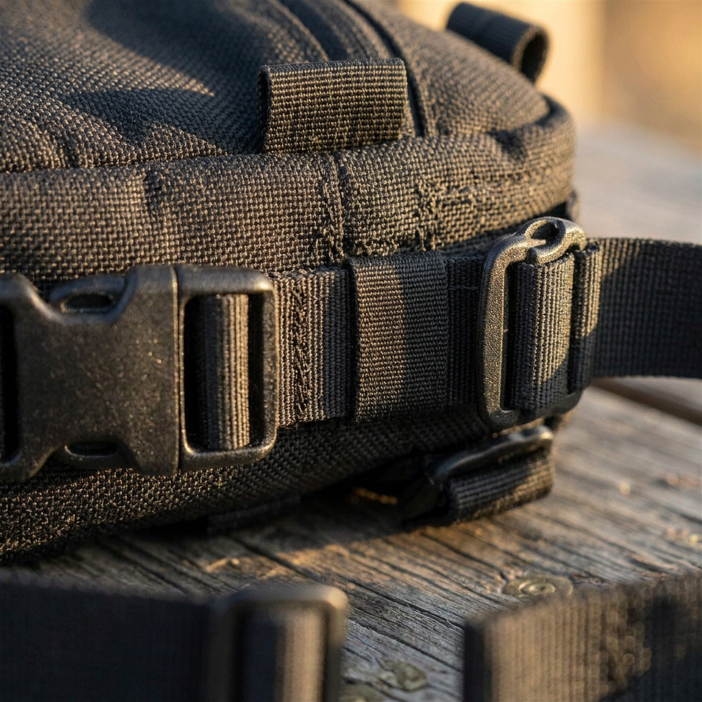 Side buckles and webbing loops.