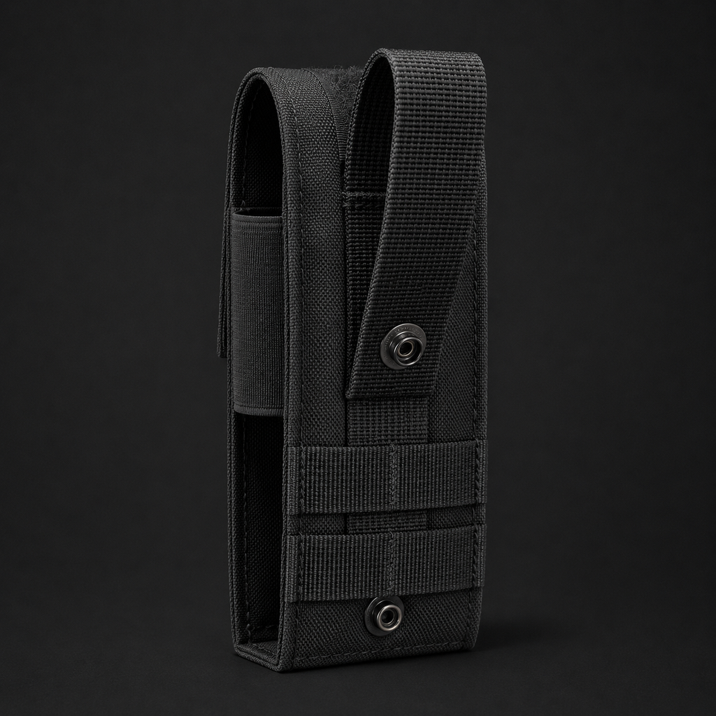 ICONTACTIC Single Magazine Pouch, concept render pending supplier verification, empty pouch, rear attachment strap detail on graphite