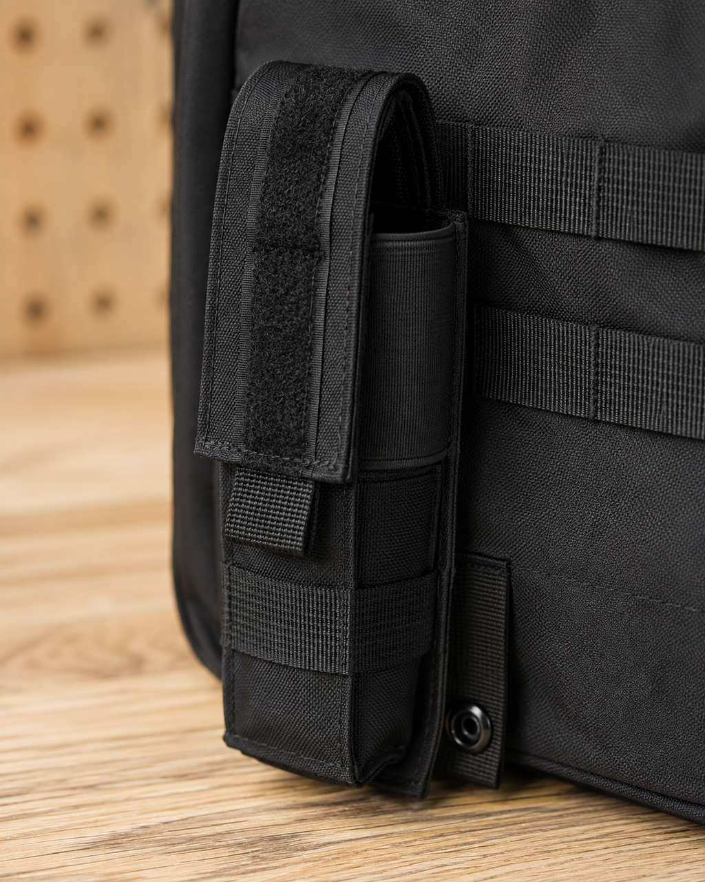 ICONTACTIC Single Magazine Pouch, concept render pending supplier verification, empty pouch attached to a plain webbing panel, detail view, illustrative