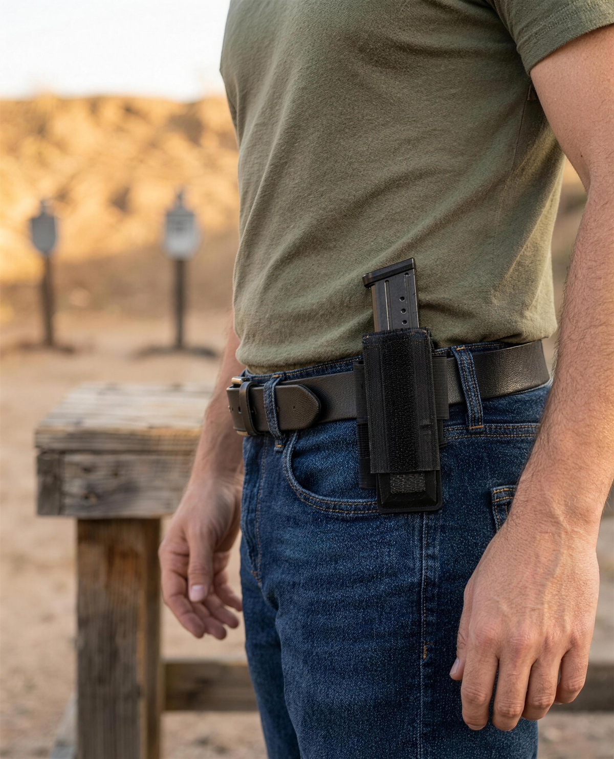 ICONTACTIC Single Magazine Pouch, concept render pending supplier verification, worn on a belt with a magazine at an outdoor range, no firearm, illustrative