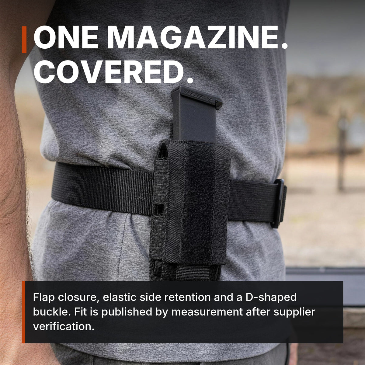 ICONTACTIC Single Magazine Pouch on a belt, headline: one magazine, covered. Concept render, illustrative