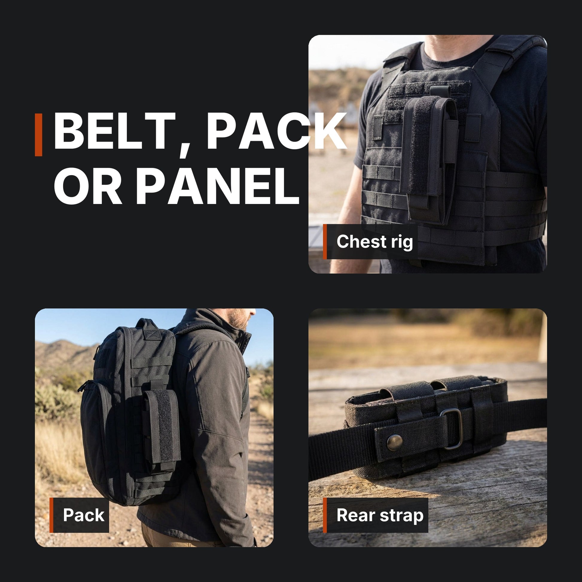 ICONTACTIC Single Magazine Pouch collage: chest rig, pack and rear strap. Concept renders, illustrative