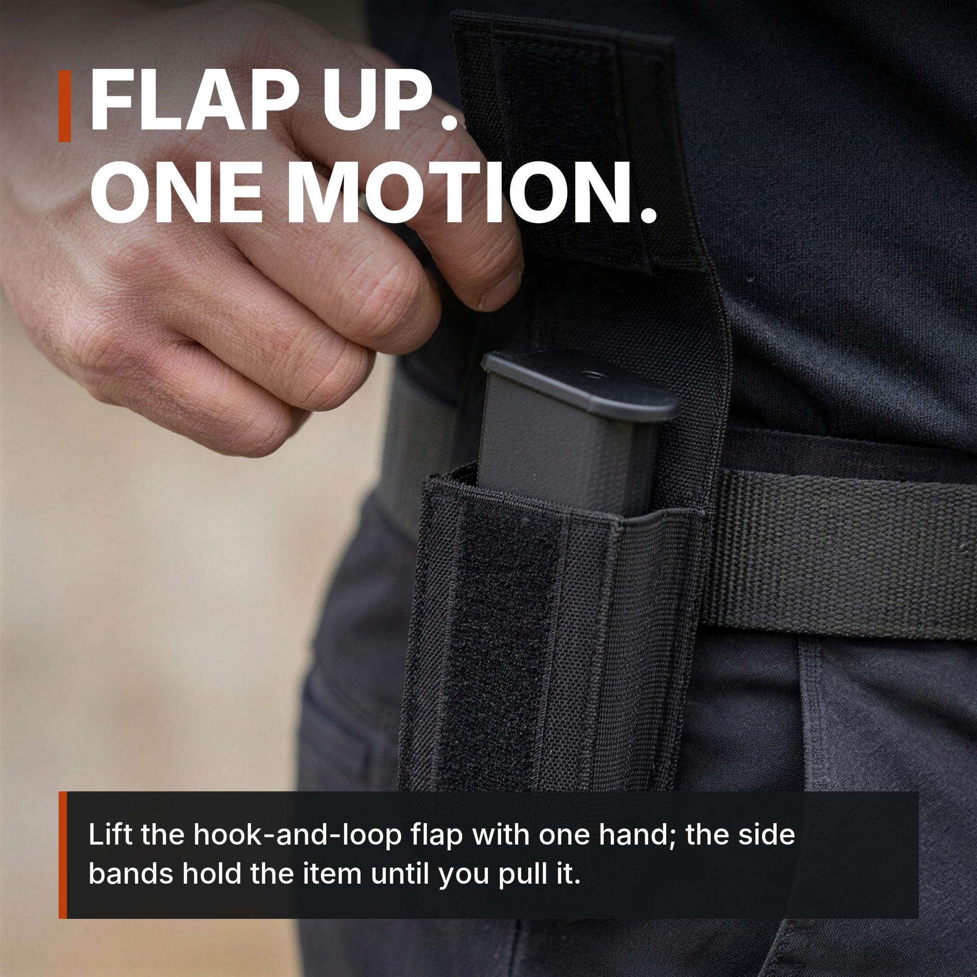 ICONTACTIC Single Magazine Pouch flap lifted, headline: flap up, one motion. Concept render, illustrative