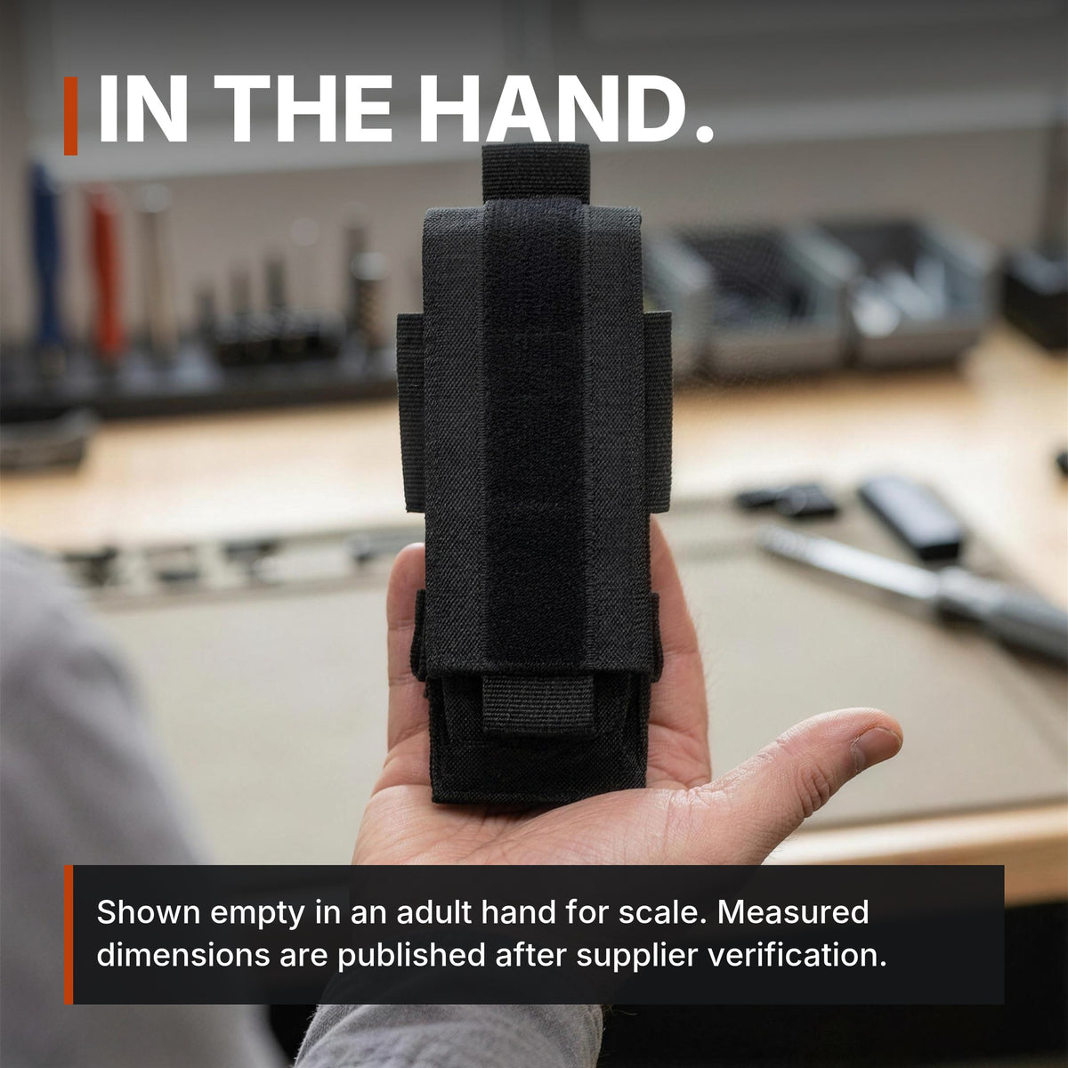 Single Magazine Pouch infographic: In the hand, shown empty for scale