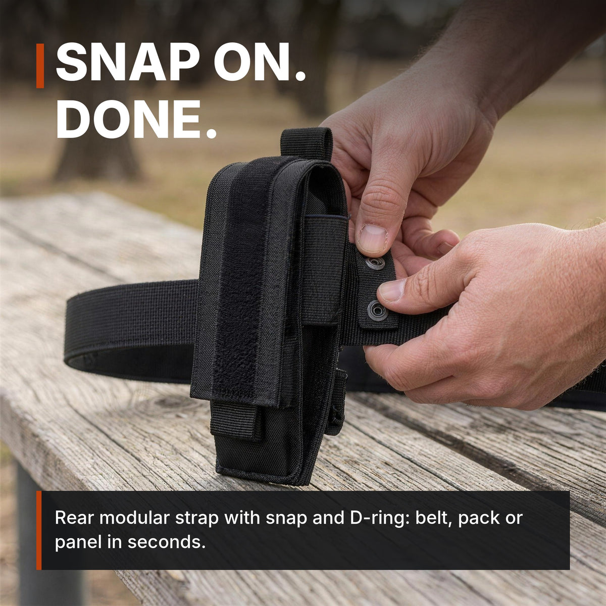 Single Magazine Pouch infographic: Snap on, done