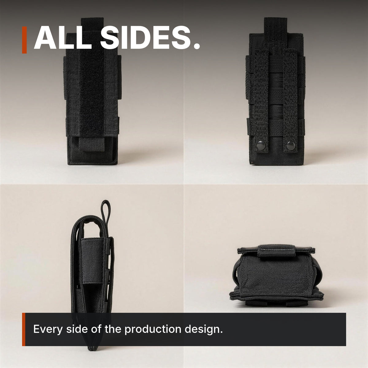 Single Magazine Pouch infographic: All sides, four views, shown empty